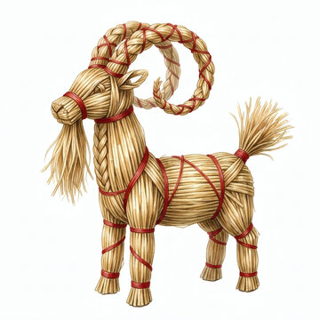 Traditional Scandinavian Yule Goat Julbock Made of Straw with Red Ribbon Isolated on White Background