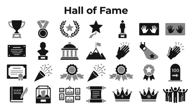 Set of Hall of Fame and achievement icons showcasing various awards trophies and celebratory symbols for recognizing excellence and success