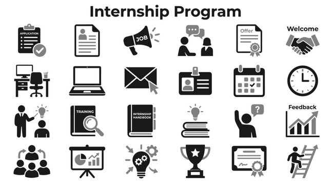 Set of flat internship program icons representing professional career training recruitment and workplace development process isolated on white background