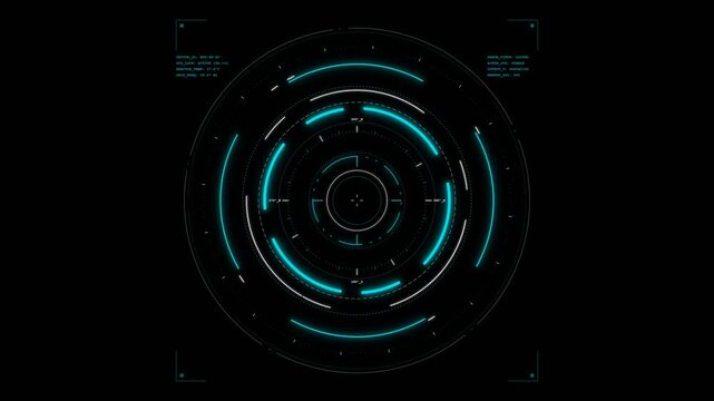 Glowing futuristic HUD circle interface with rotating cyan digital target reticle, sci-fi user interface graphics, and data tracking scope animation overlay against a dark background.