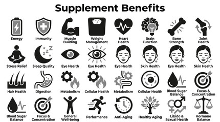 Fototapeta premium Set of supplement benefits icons representing health wellness and fitness concepts isolated on white background