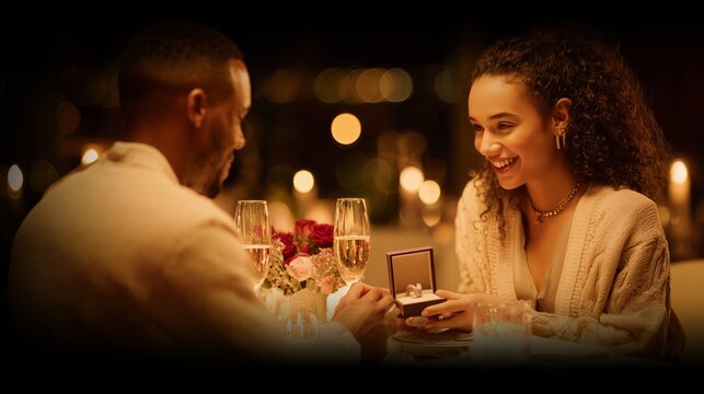 Happy woman receiving an engagement ring from her partner during a special date night