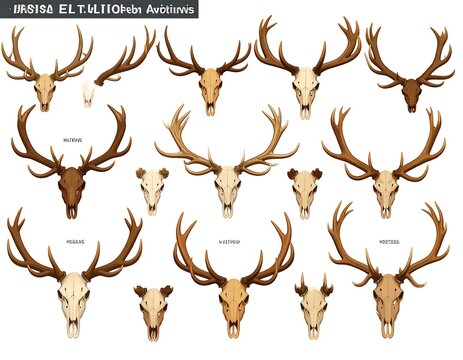 Antlered deer skulls arranged in a decorative pattern.