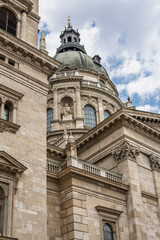 Upward angled view of the dome and corner facade of Saint Stephen's Basilica in central Budapest, Hungary © GuillaumeAngleraud