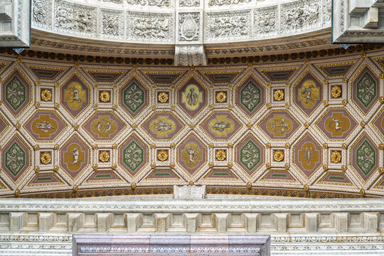 Gilded coffered ceiling decorated with animal medallions inside Saint Stephen's Basilica in Budapest, Hungary