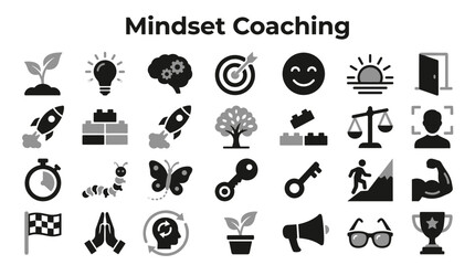 Naklejka premium Mindset coaching and personal development icon set featuring growth and success symbols for professional life improvement and mental health concepts