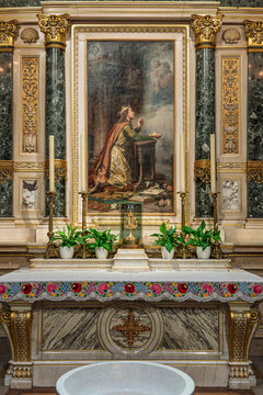 Altarpiece painting of Saint Emeric kneeling before an angel on the altar of Saint Stephen's Basilica in Budapest