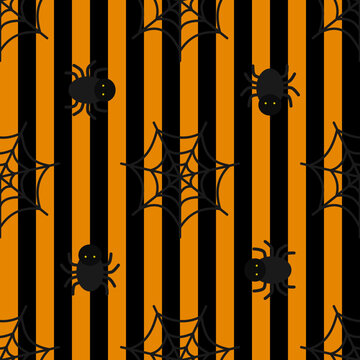 Vector seamless patetrn Halloween Spiders and Webs on Striped Background, suitable for textile design, fabric,  packaging design, wallpaper