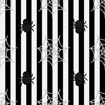 Black and White Striped Spider and Web seamless pattern Background, suitable for textile design,packaging design