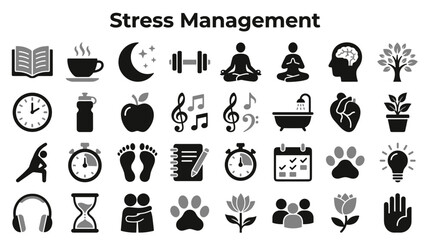 Fototapeta premium Set of stress management and healthy lifestyle icons isolated on a white background