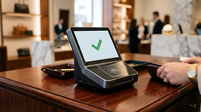 Modern POS terminal processing a contactless payment with a checkmark on screen in a retail store