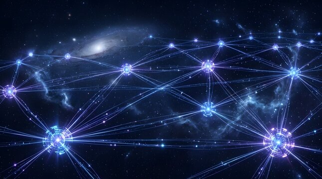 quantum nodes connected across a cosmic nebula, illustrating a futuristic network concept