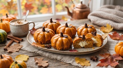 Fototapeta premium Pumpkin-shaped mini cakes with cream filling served on a rustic wooden table with fall leaves, coffee, and autumn decorations near a window.