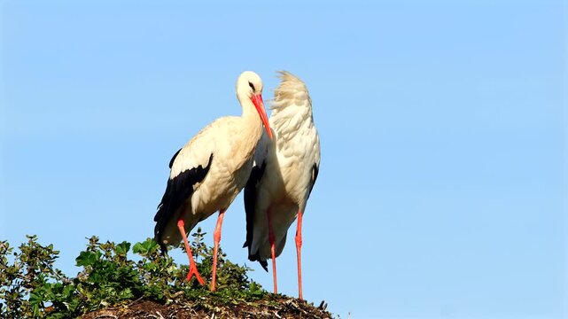 couple of white storks, Ciconia ciconia, rattling on the tree nest 118