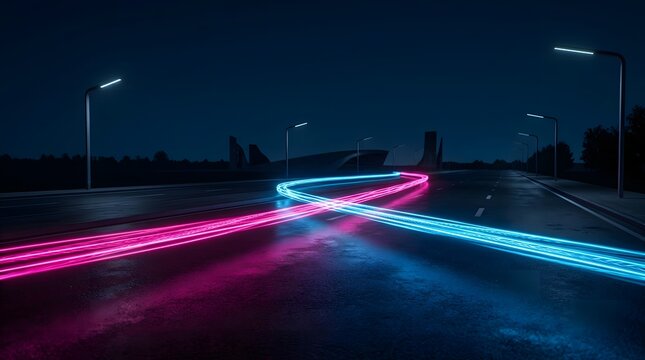 Abstract light trails crossing on a dark asphalt road at night with neon blue and pink glow