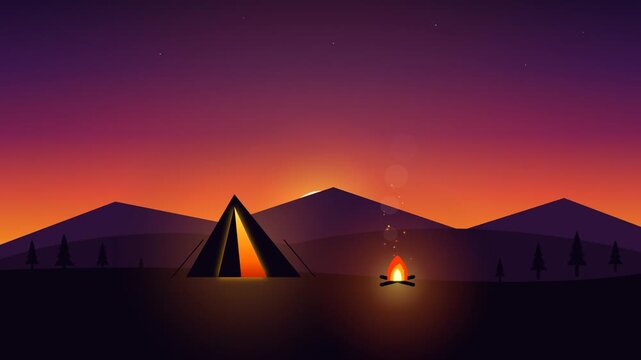 Flat Vector Animated Camping Scene with Glowing Tent and Campfire