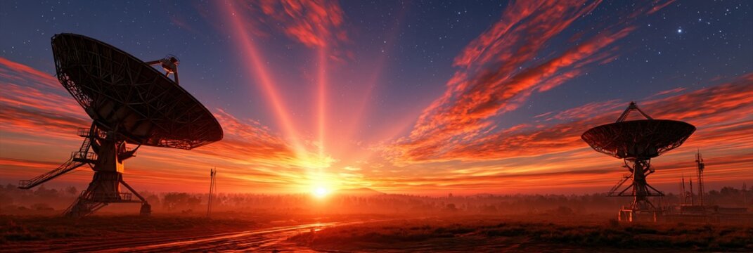 Dramatic Sunset Over Radio Telescope Array with Fiery Clouds and Starry Sky