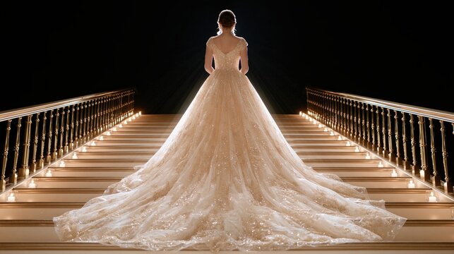 Elegant Bride in Sparkling Gown Descends Candlelit Staircase