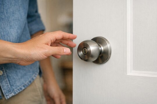 A person is opening a door with a traditional knob, often used in old buildings or vintage settings
