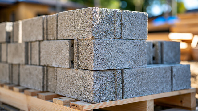 Close-up of gray cinder blocks stacked in offset layers on a wooden pallet, rough concrete aggregate, hollow cores and slightly irregular edges clearly visible, realistic construction materials phot