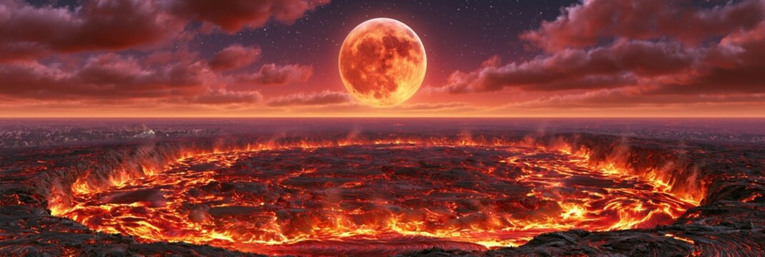 Fiery alien landscape with a large red moon and molten lava lake under a cloudy sky