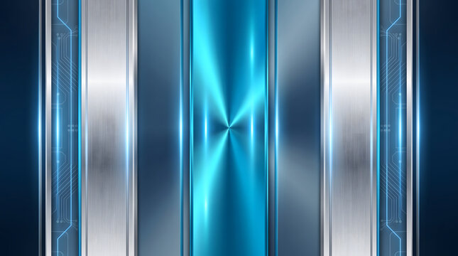 Futuristic blue technology background with metallic vertical banners, glowing cyan light effects, circuit board digital details, polished steel panel frame for futuristic corporate presentation graphi