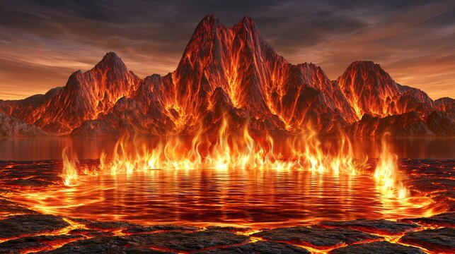 Fiery volcanic landscape with molten lava lake and glowing mountains under a dramatic sunset sky.