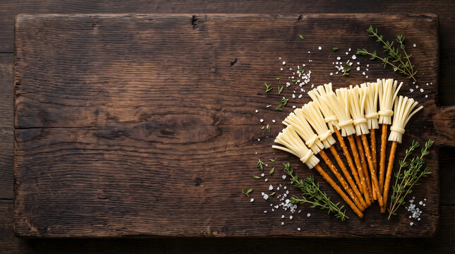 Pretzel broomsticks with cheese strings and spacious snack banner copy space.