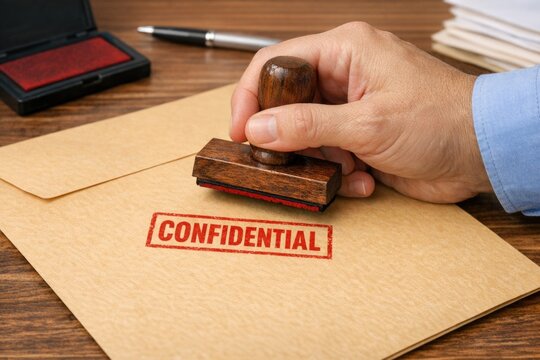 A stamper with the word 'confidential' on it sits on top of a piece of paper, ready for use