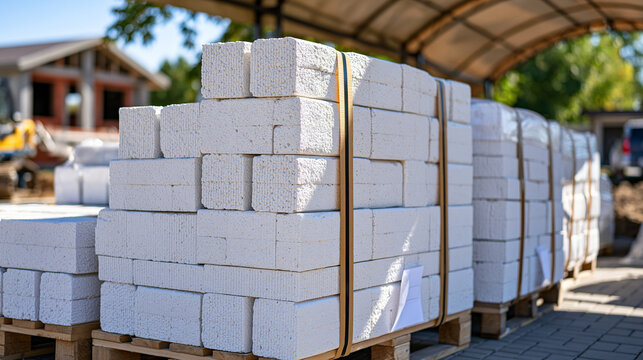 Large blocks of white aerated concrete stacked outdoors on reinforced pallets under a protective canopy, clean porous surfaces and sharp edges visible, residential construction site and unfinished h