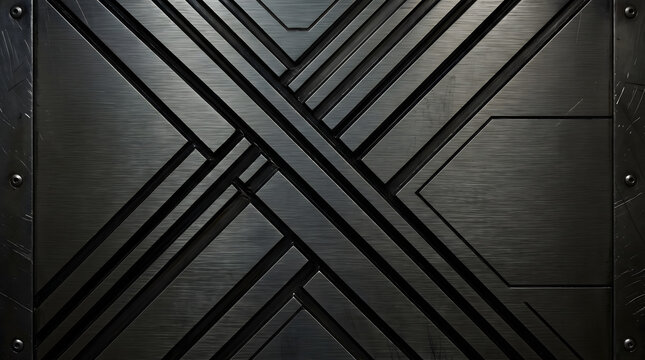 Dark sci-fi geometric metal panel texture background with X cross pattern and rivets, heavy industrial armored steel plate wall for gaming design