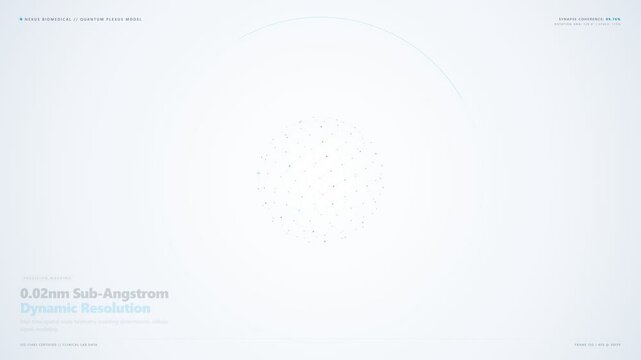 Centered full shot of a rotating 3D neural synaptic spherical lattice model on a clean white HUD digital UI interface displaying biomedical telemetry text with a sophisticated modern mood.