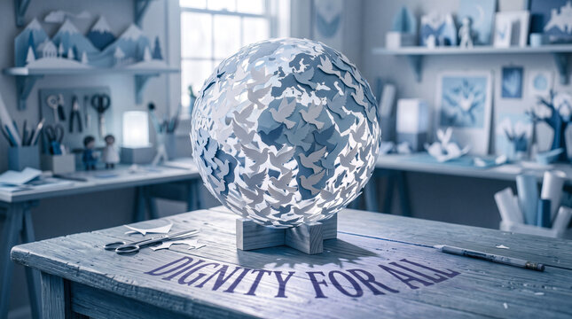 Artistic paper globe sculpture decorated with numerous intricate white doves symbolizing global peace with resting wooden desk inspirational text Dignity All showcases handcrafted paper