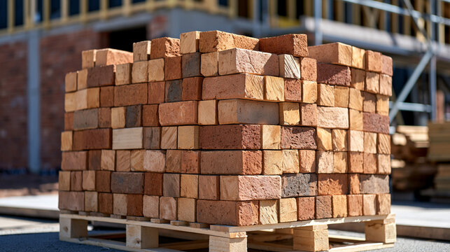 Large pallet of modern smooth-faced facade bricks stored outdoors beside a private house under construction, various warm earth tones and precise masonry shapes, unfinished walls and scaffolding vis