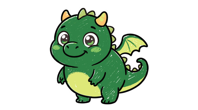 Cute cartoon green baby dragon illustration with small wings and friendly smiling face art