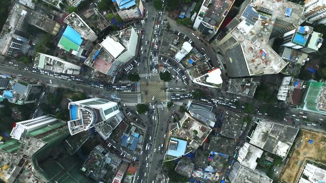 Top Down Aerial View Of Busy Traffic Circle In Gulshan Dhaka