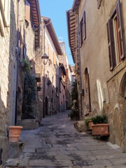 Fototapeta premium Dark Sloping Medieval Alley with Stone Flagstones and Plants in Viterbo, Italy