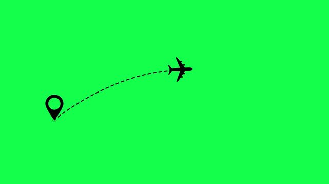 Modern sequential airplane route animation of linear map location pin on green background. Airplane flight route animation with map pin and dashed line path symbolizing travel and destination planning