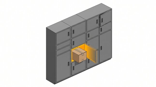 Isometric parcel locker with open door and package, automated delivery terminal concept.