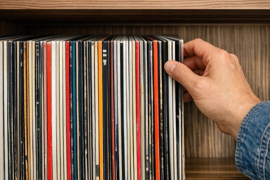 A person holding a stack of vinyl records