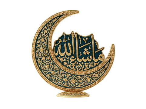 Crescent moon shaped islamic calligraphy ornament with gold arabic script and intricate floral filigree patterns on a dark teal background base isolated on a transparent background