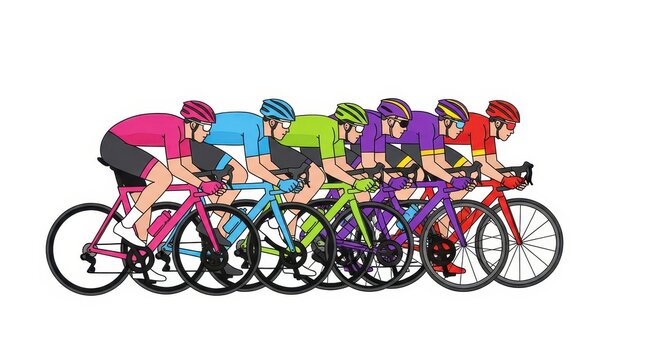 Group of Professional Cyclists in Colorful Jerseys Racing on Road Bikes Vector Illustration Isolated on White Background