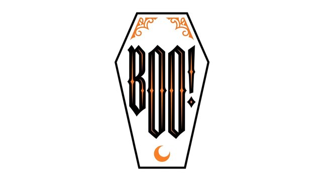 A spooky halloween design featuring the word boo written in gothic style typography inside a decorative coffin shape on white background