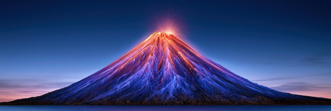 Active volcano erupting with lava flow and glowing ash against a dark blue sky at twilight