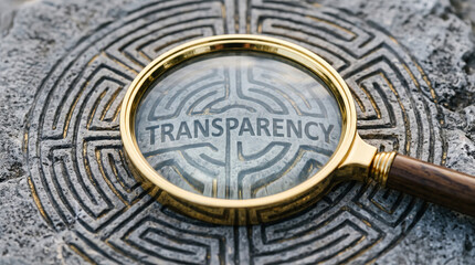 Fototapeta premium Magnifying glass focusing on transparency word carved into intricate circular stone labyrinth pattern surface detail with labyrinth carving with displays golden magnifying