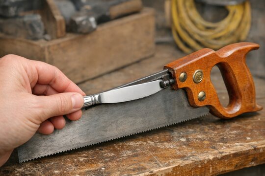 Close-up of a person's hand holding a saw above a wooden table, ready for DIY project