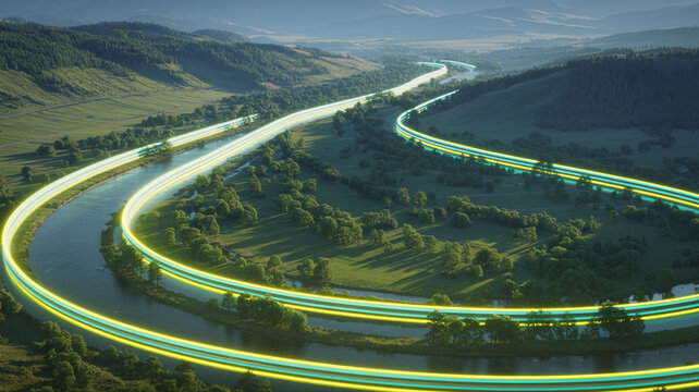Futuristic high speed transport system winding through lush green valley at sunset.