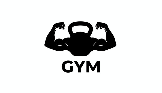 Fitness and gym emblem featuring strong bicep muscles flexing on each side of a kettlebell with the word gym below.
