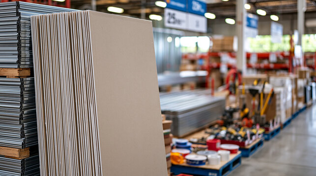 Stacks of drywall sheets stored vertically inside a dry warehouse beside pallets of metal framing profiles, plasterboard accessories and construction tools, realistic professional building supply en