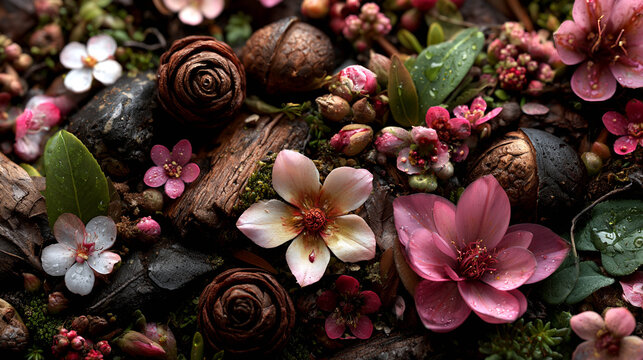 Woodland Flowers, Pinecones and Natural Forest Floor Still Life